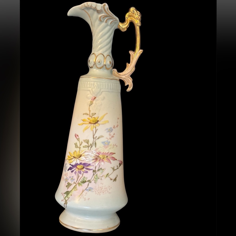 Antique Porcelain Ewer, Vase with Hand-Painted Floral Design and Gilded Handle